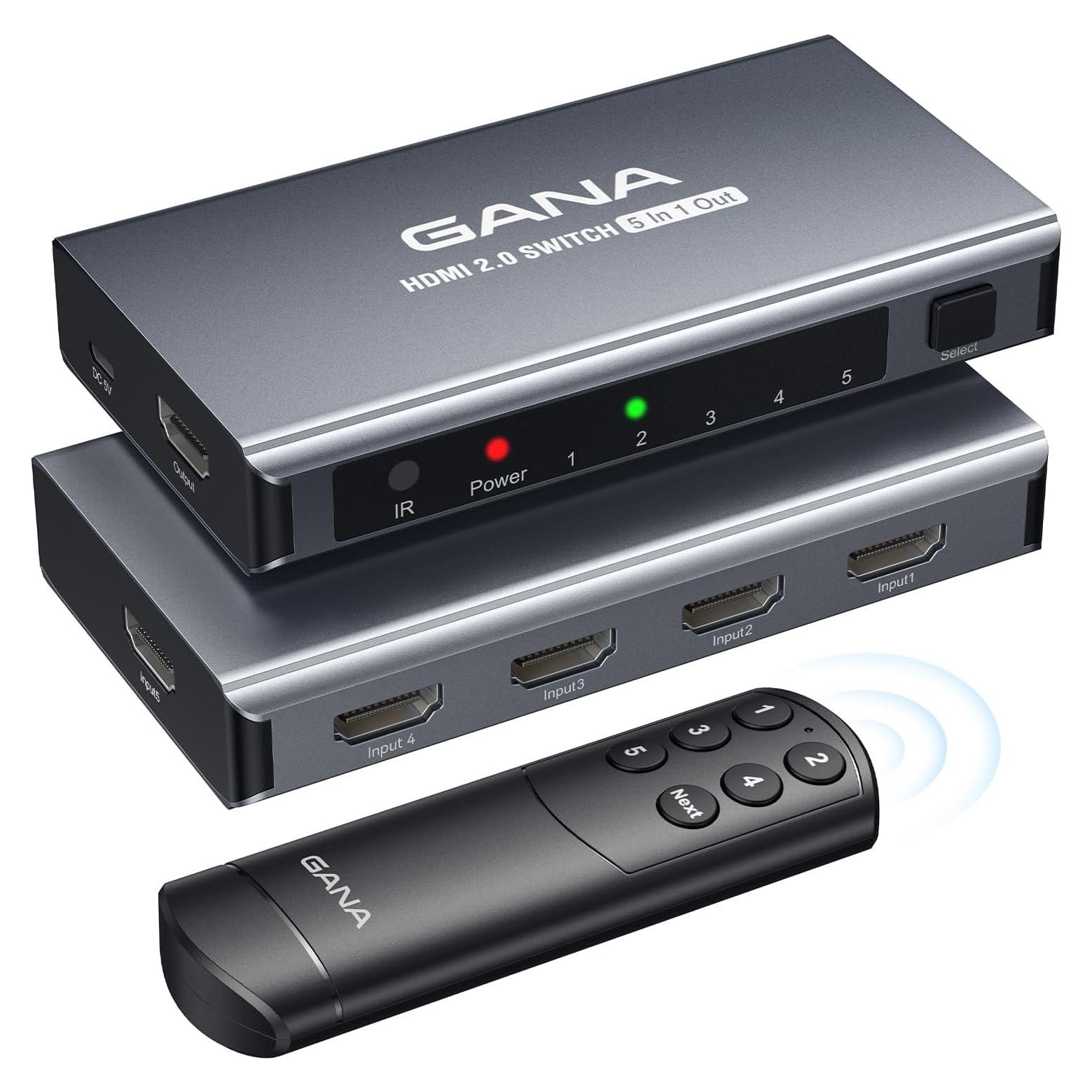 Conmutador HDMI 5 en 1 GANA 4K@60Hz con Control Remoto