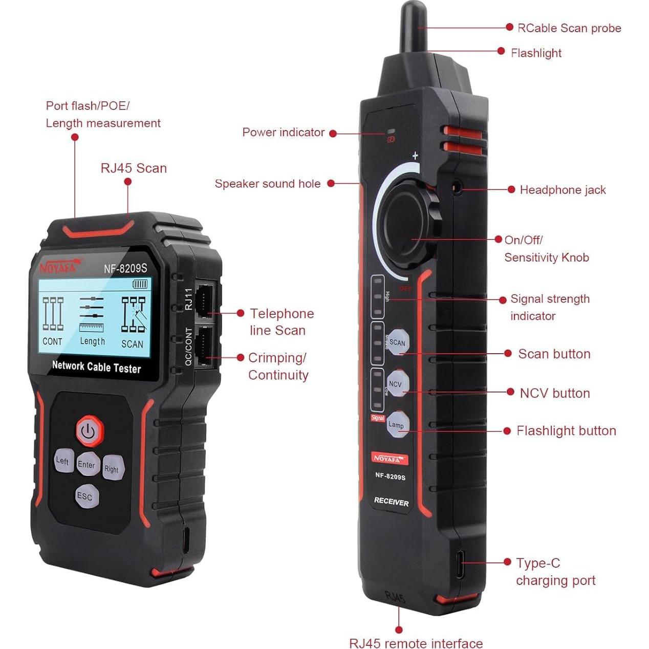 Probador de Cable de Red NOYAFA NF-8209S con PoE y LED