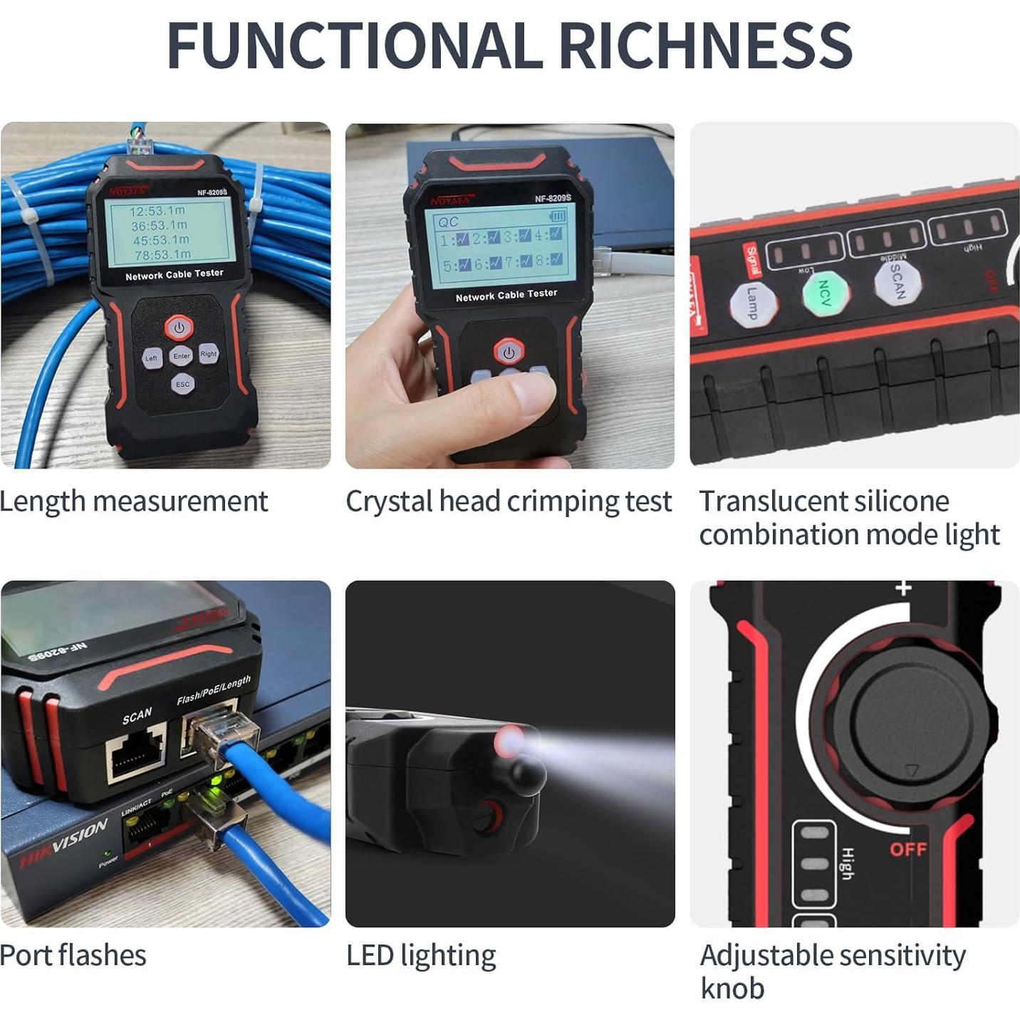 Probador de Cable de Red NOYAFA NF-8209S con PoE y LED