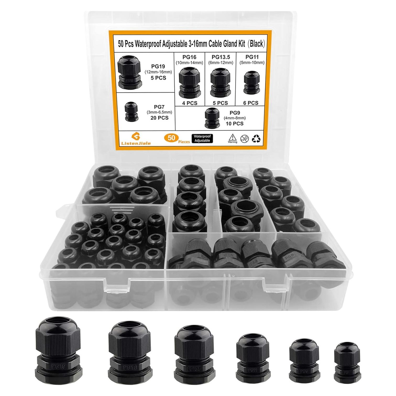 Cable Gland Impermeable LISTENJIALE 50 Piezas 3-16mm Negro