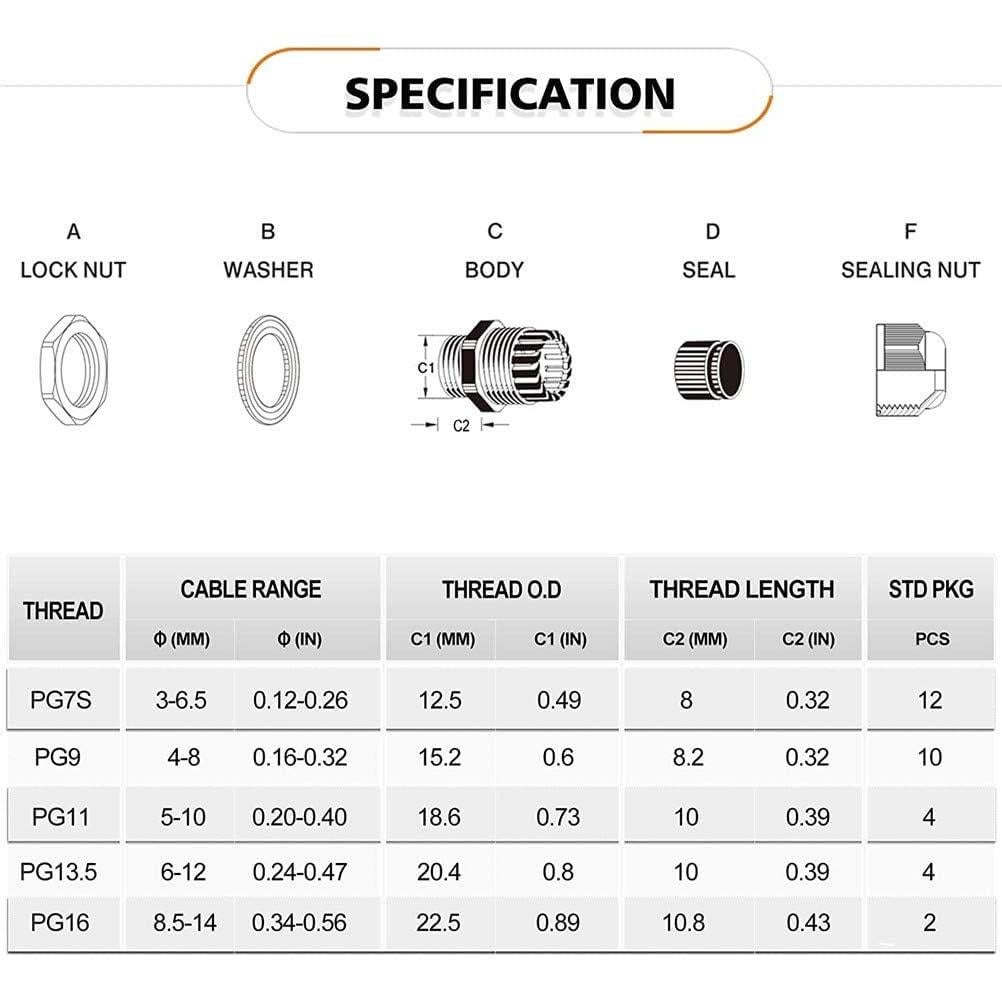 Juntas de Cable Impermeables Alices PG7 PG9 PG11 PG13.5 PG16 - 25 Pzas