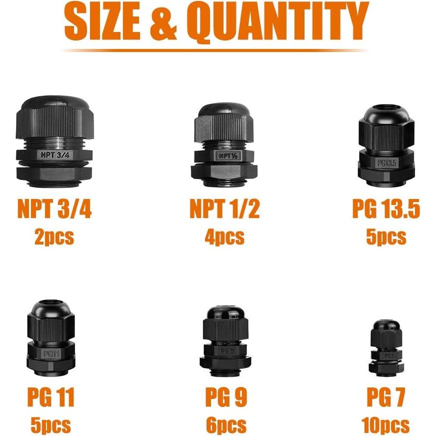 Pasacables IP68 32pcs Nylon XM Negro 3-18mm NPT PG