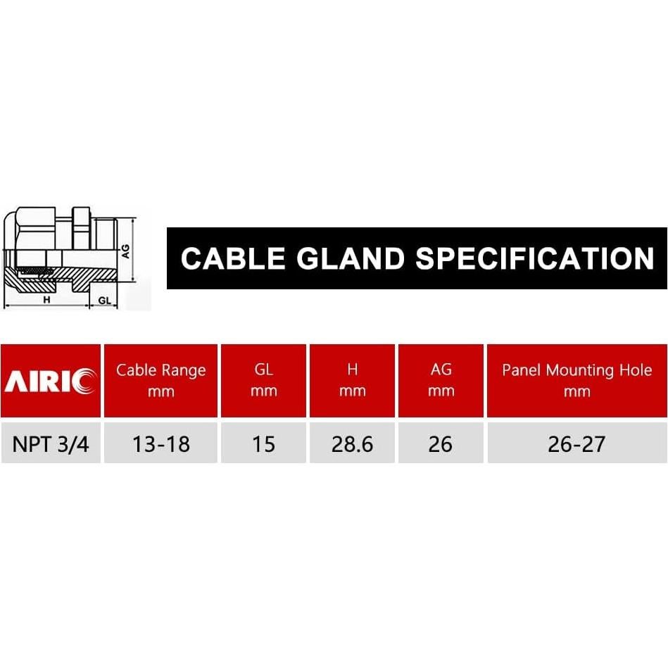 Entradas de Cable 3/4" NPT AIRIC 6 Pcs Nylon IP68 Impermeable