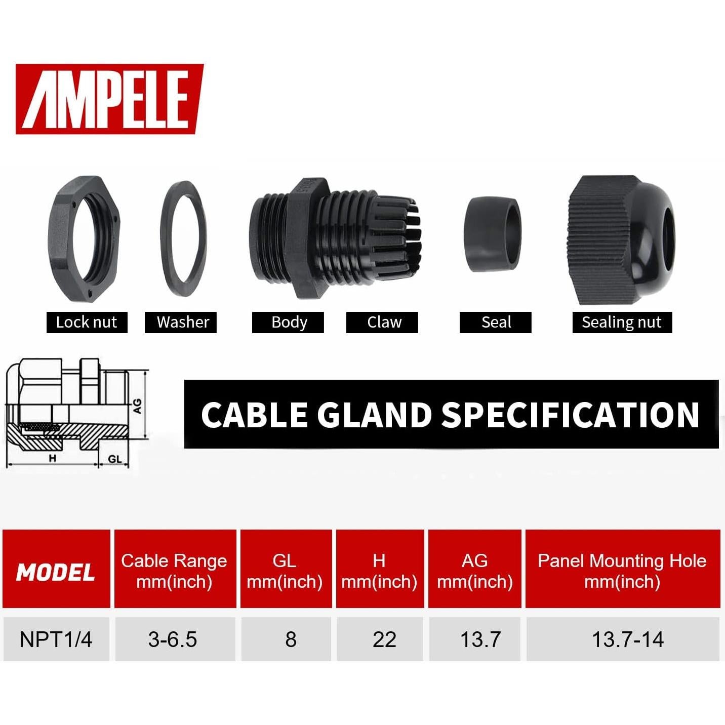 Glandes de Cable Impermeables Ajustables AMPELE 1/4" - Paquete de 50