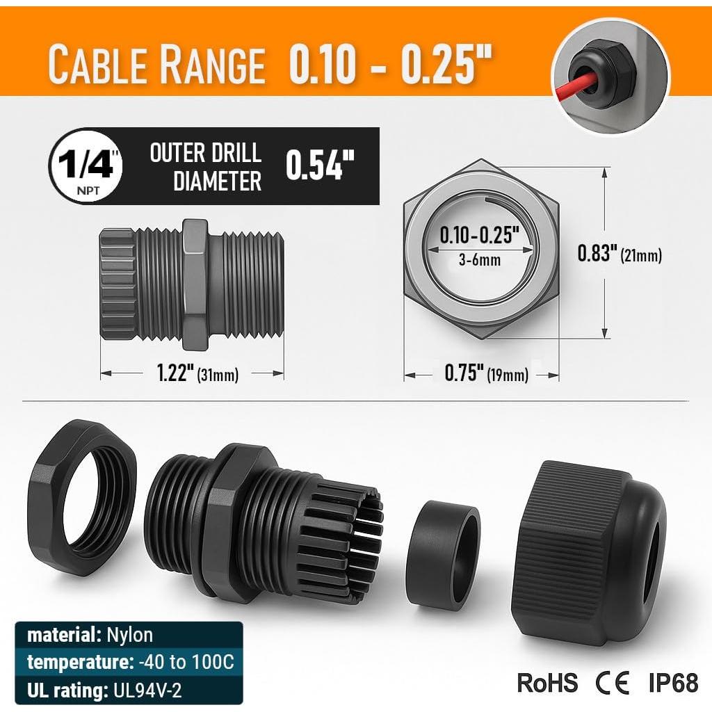 Grommet de Nylon MGI 1/4" NPT Paquete de 5 Resistente al Agua