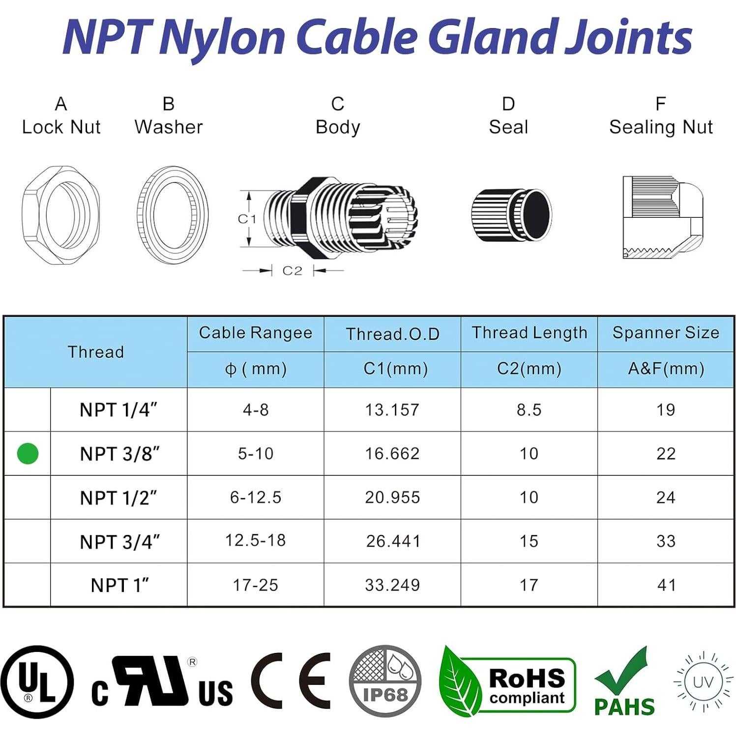 50 Juntas de Cable de Nylon IP68 RTHIEAI 3/8" a Prueba de Agua