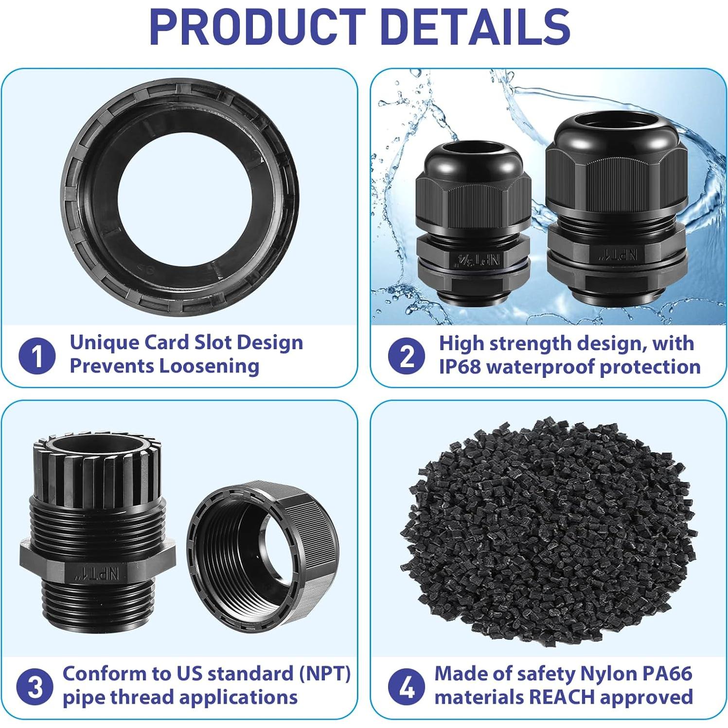 50 Juntas de Cable de Nylon IP68 RTHIEAI 3/8" a Prueba de Agua