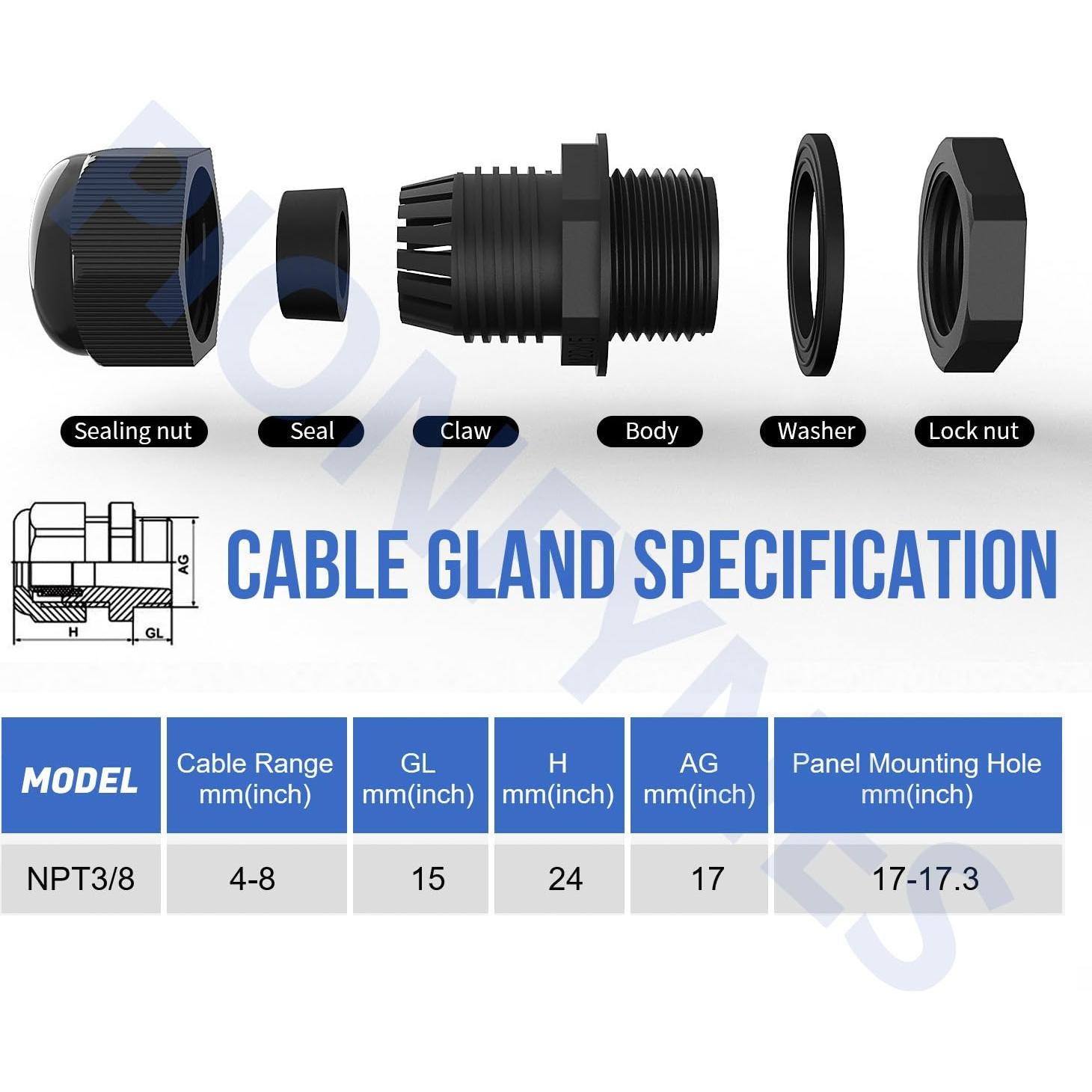 50 Abrazaderas de Cable NPT 3/8" PIONFYNES Impermeables 4-8mm