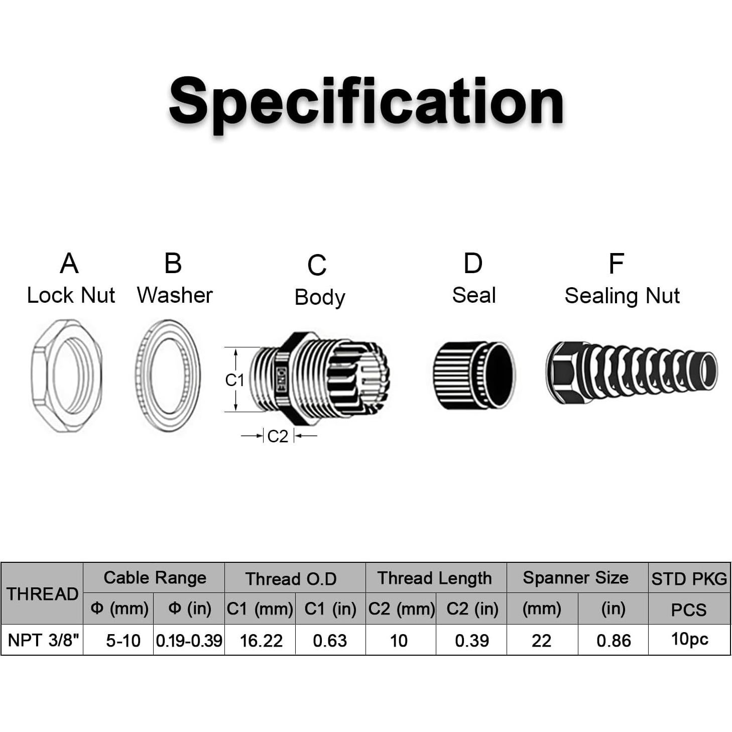 LeMotech 10 Piezas Glandes de Cable NPT 3/8" IP68 Nylon Gris
