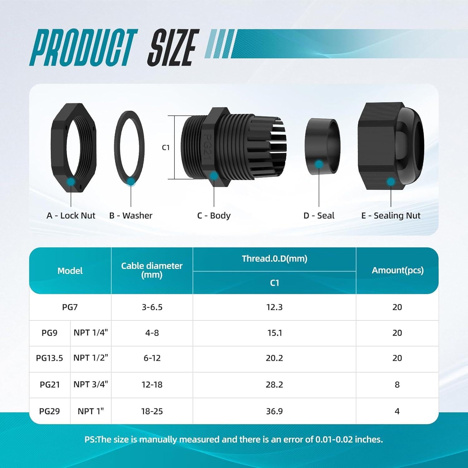 Kit de 72 Conectores de Cable Impermeables Hilictokt PG7 NPT