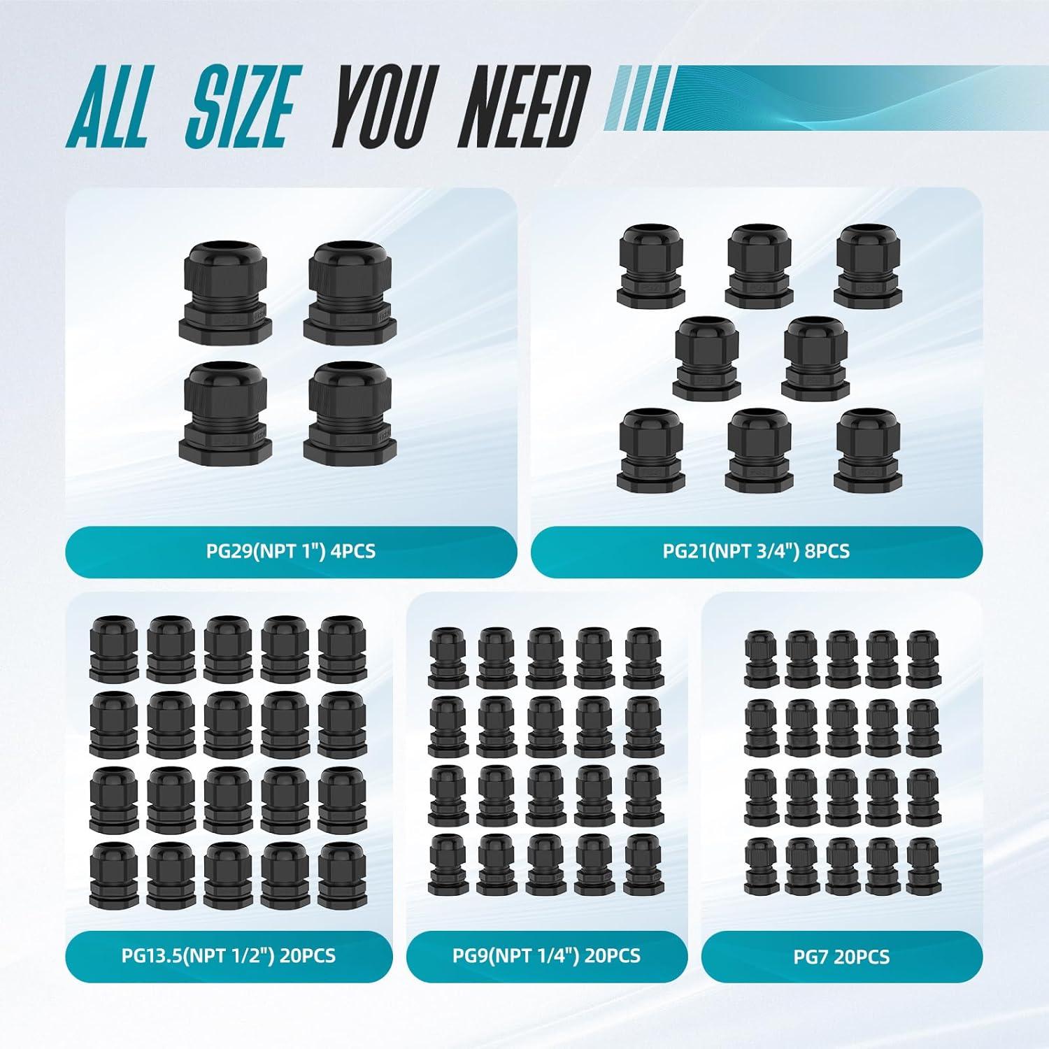 Kit de 72 Conectores de Cable Impermeables Hilictokt PG7 NPT