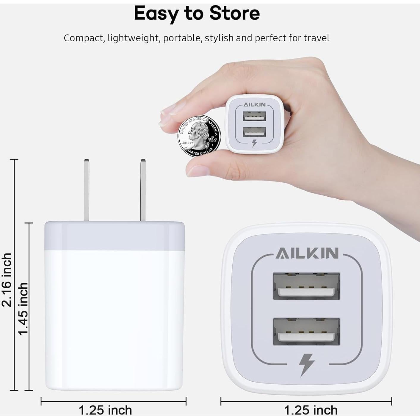 Cargador de Pared USB AILKIN Doble Puerto 2.1A Blanco - Paquete de 2
