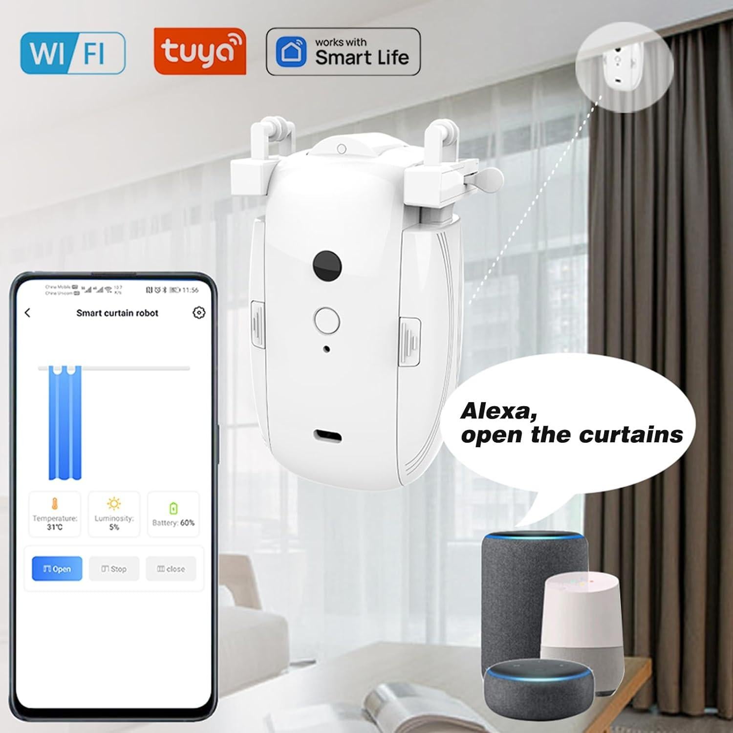 Apertura Automática Cortinas Inteligente OUGETHER - Control Remoto App, Voz, Sensor Luz
