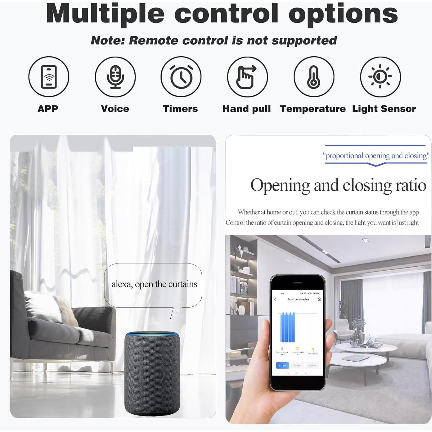 Apertura Automática Cortinas Inteligente OUGETHER - Control Remoto App, Voz, Sensor Luz
