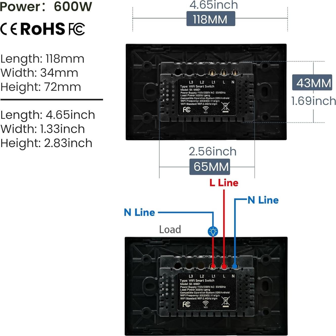 Interruptor de Luz Inteligente LOUYSGEN 1 Gang Wi-Fi 2.4GHz Negro