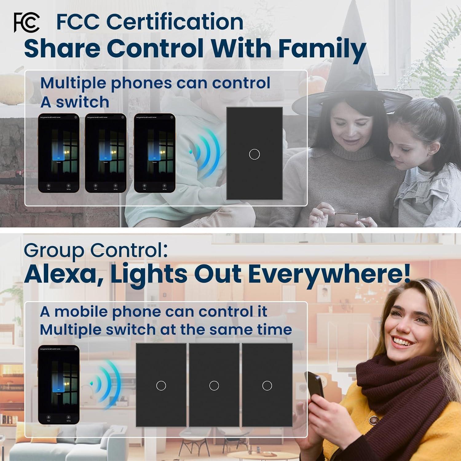 Interruptor de Luz Inteligente LOUYSGEN 1 Gang Wi-Fi 2.4GHz Negro