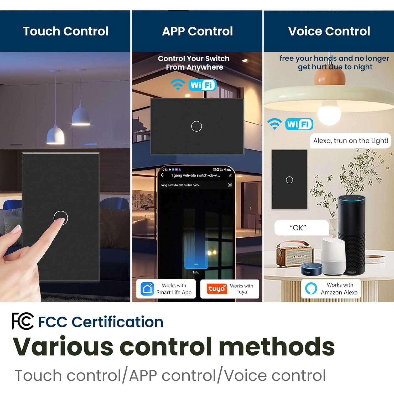 Interruptor de Luz Inteligente LOUYSGEN 1 Gang Wi-Fi 2.4GHz Negro