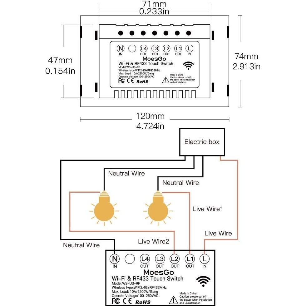 Interruptor de Luz Inteligente MoesGo WiFi 2 Gang Negro Panel Vidrio