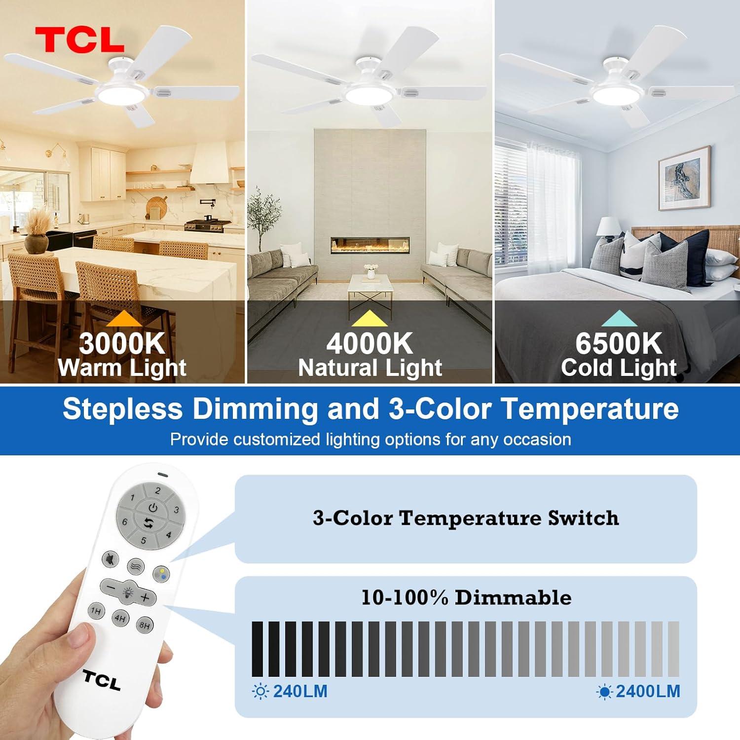 Ventilador de Techo TCL HFSB-60000AD 52" Blanco con Luz LED y Control Remoto