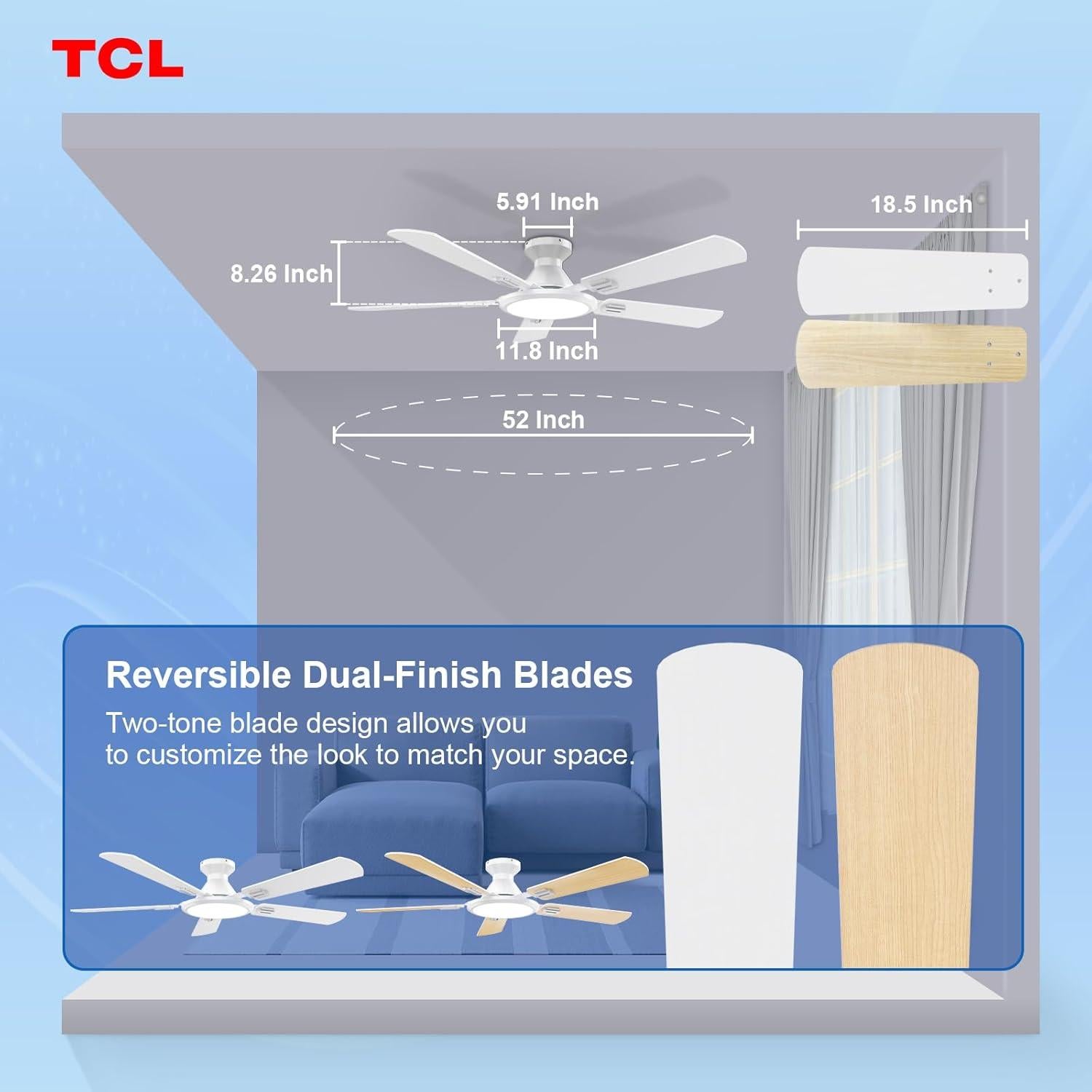 Ventilador de Techo TCL HFSB-60000AD 52" Blanco con Luz LED y Control Remoto