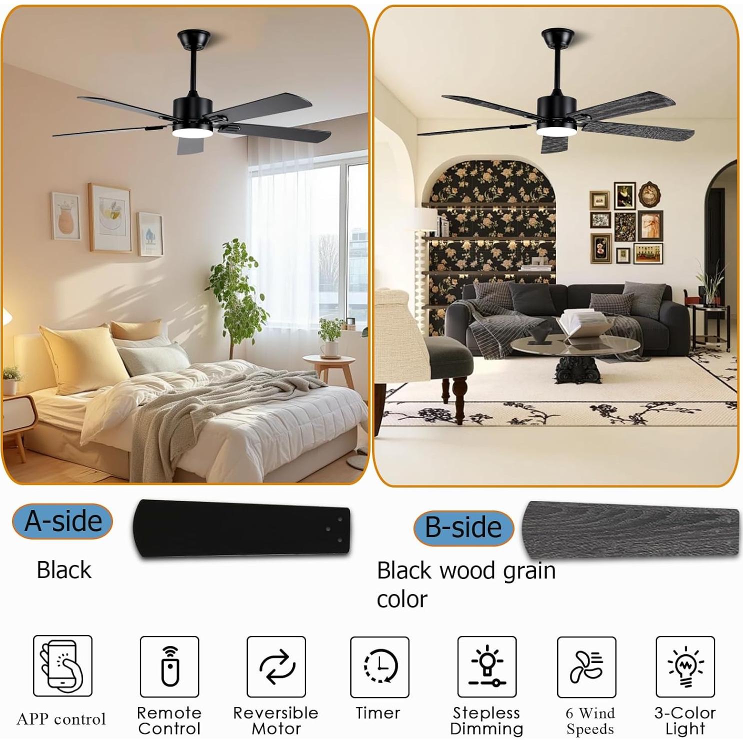 Ventilador de Techo FUMLTP 52" Negro con Luz LED y Control Remoto