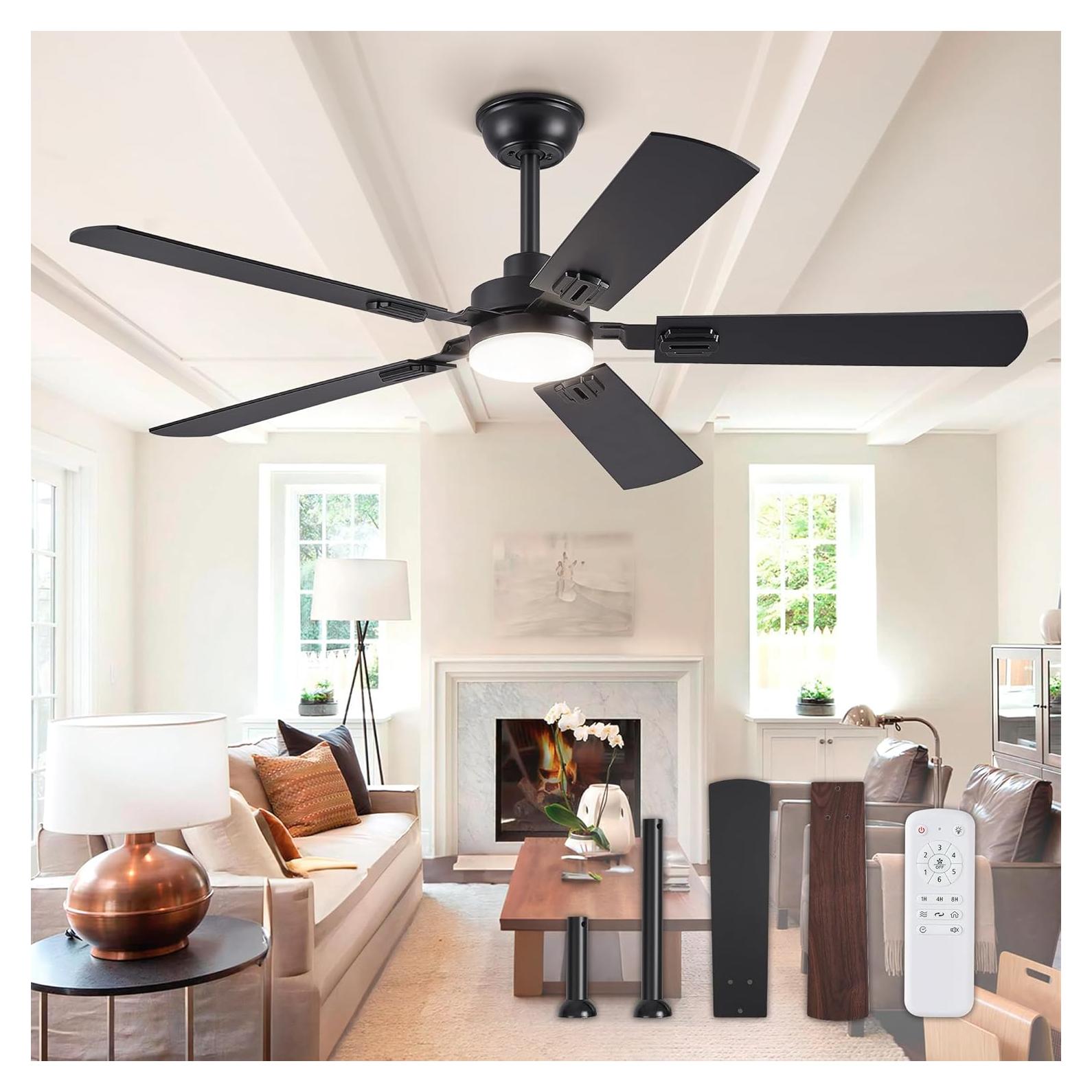 Ventilador de Techo ZMISHIBO 52" Negro con Luz LED y Control Remoto