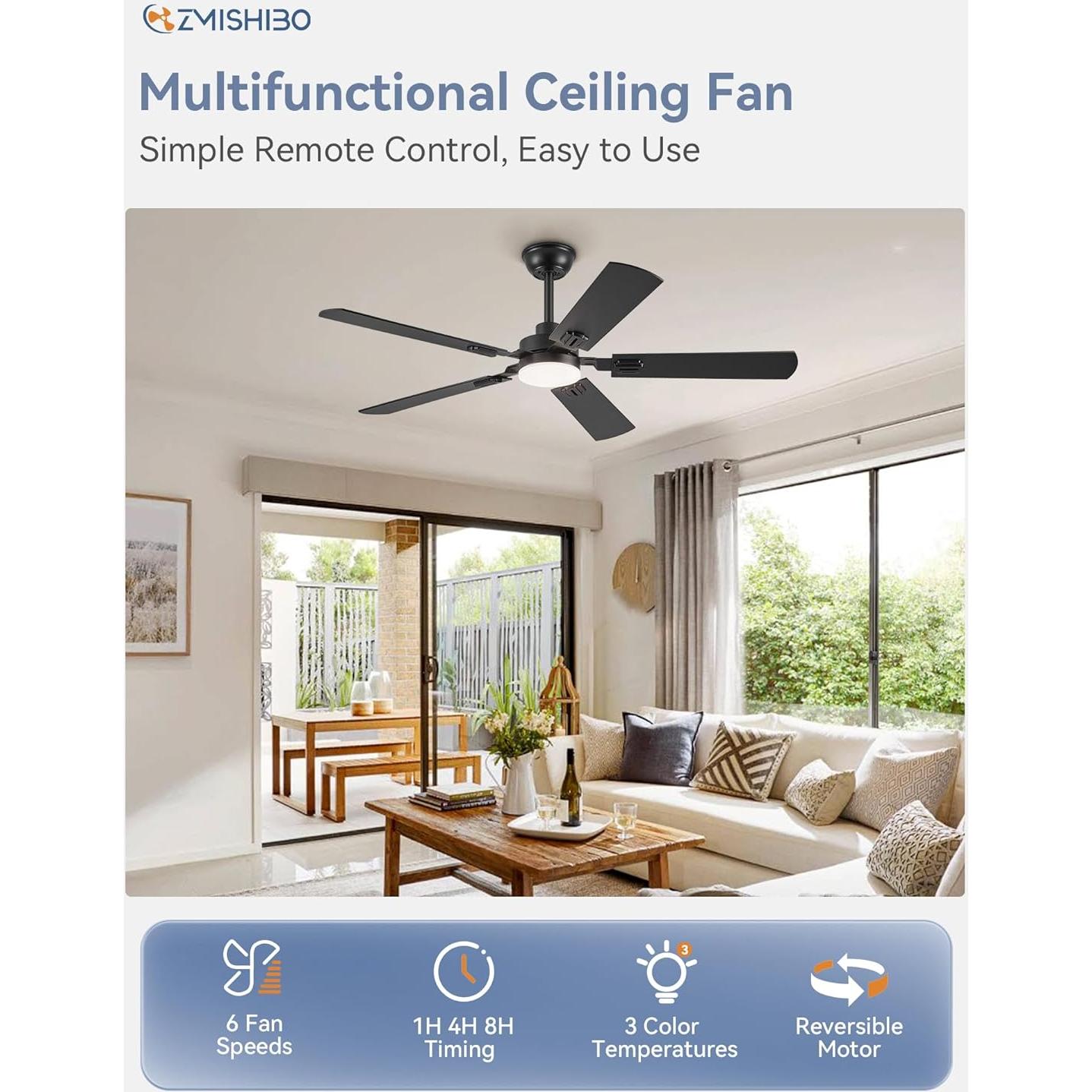 Ventilador de Techo ZMISHIBO 52" Negro con Luz LED y Control Remoto