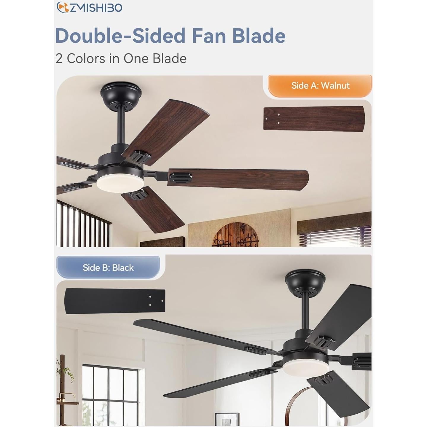 Ventilador de Techo ZMISHIBO 52" Negro con Luz LED y Control Remoto