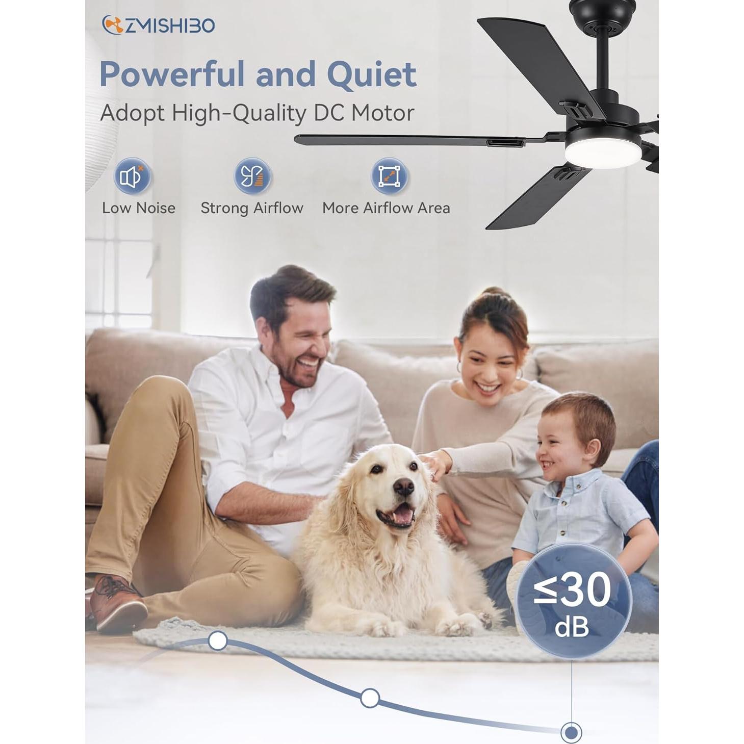 Ventilador de Techo ZMISHIBO 52" Negro con Luz LED y Control Remoto