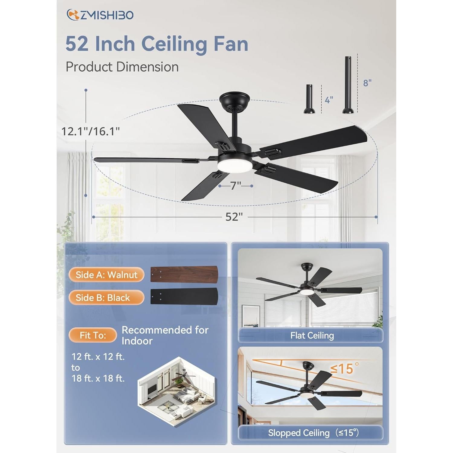 Ventilador de Techo ZMISHIBO 52" Negro con Luz LED y Control Remoto