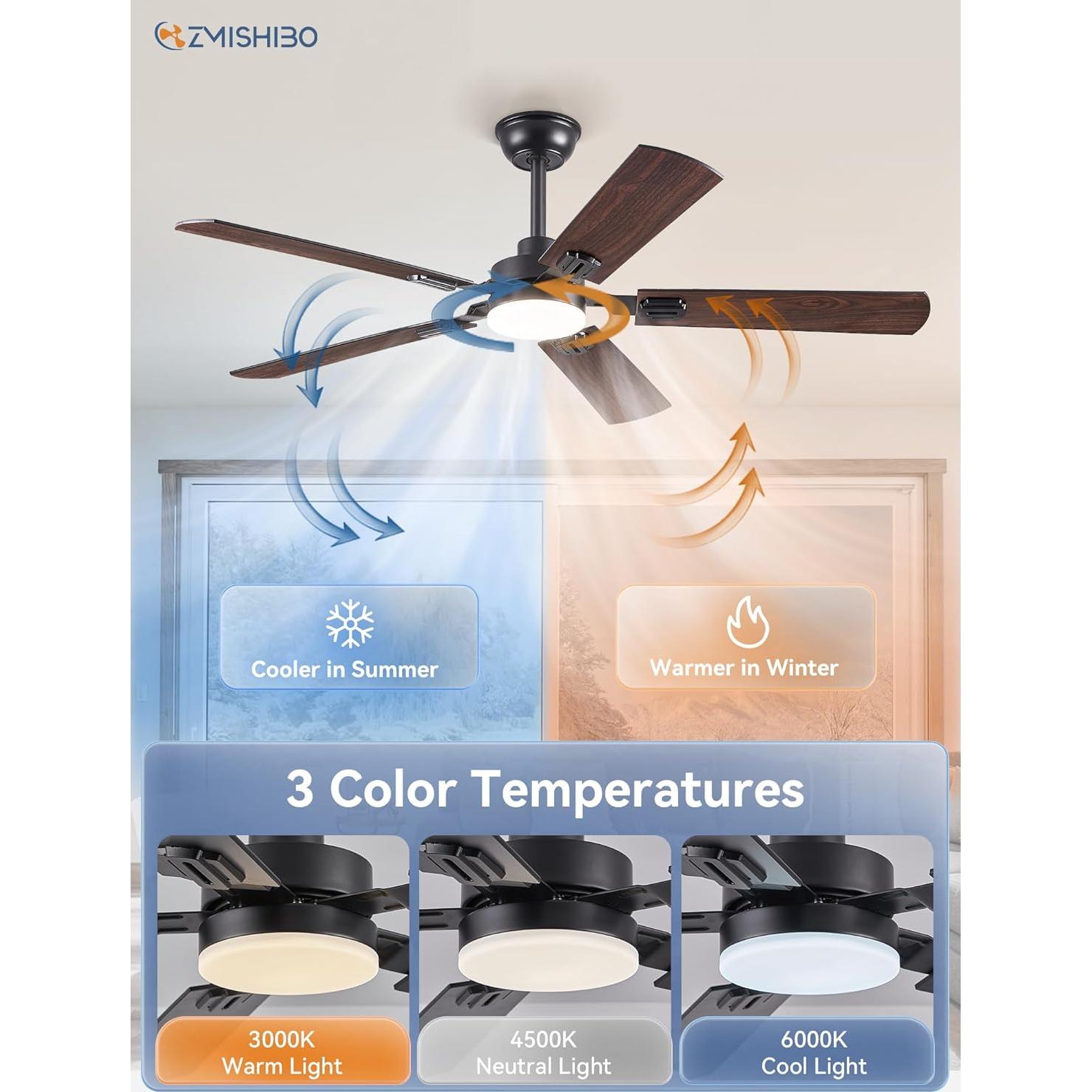 Ventilador de Techo ZMISHIBO 52" Negro con Luz LED y Control Remoto