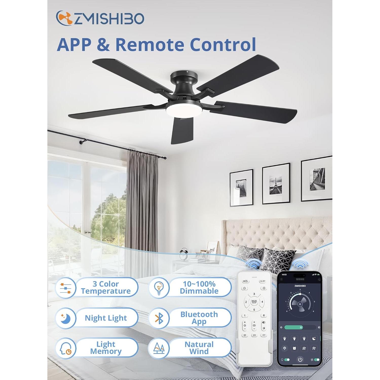 Ventilador de Techo ZMISHIBO 52" con Luz LED y Control Remoto