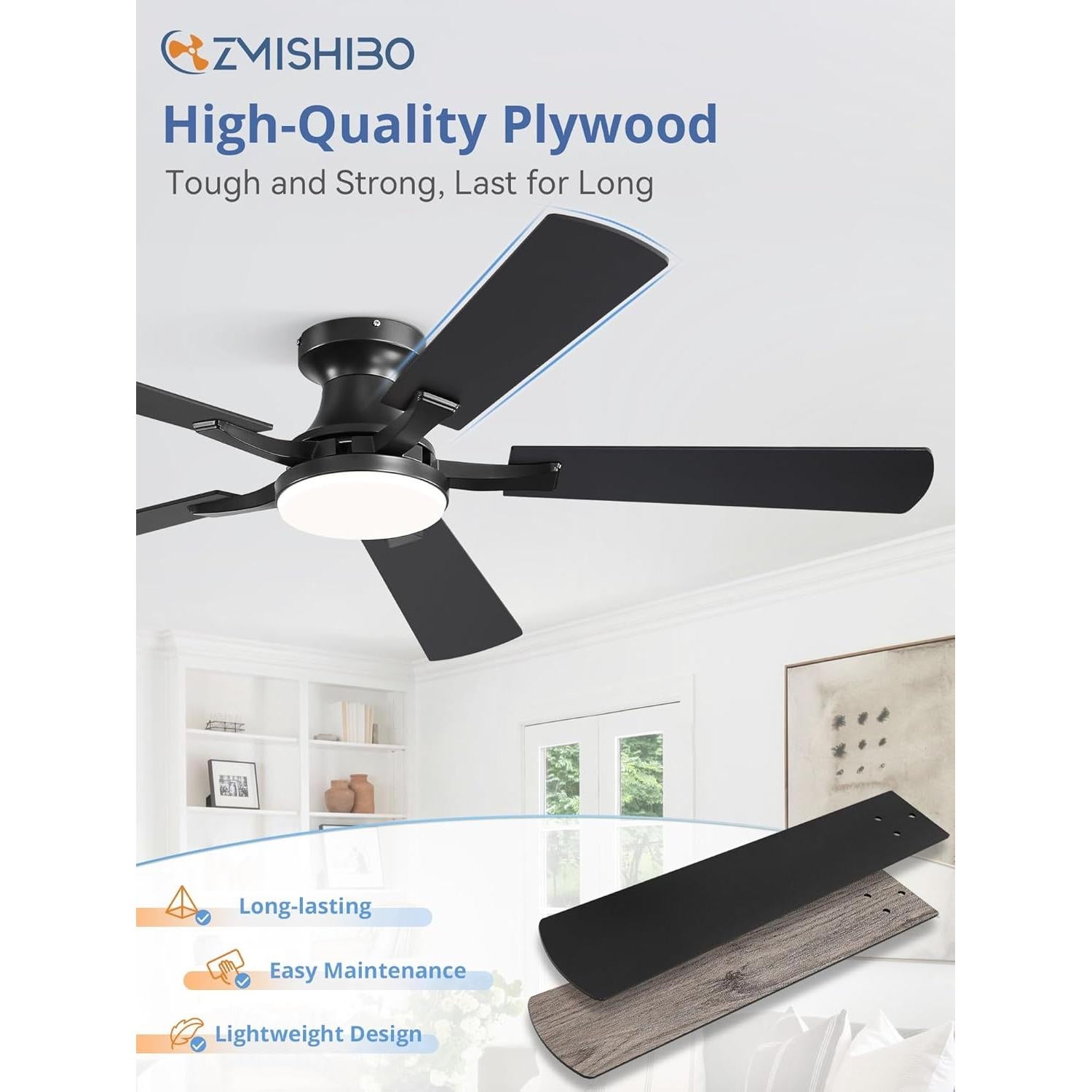 Ventilador de Techo ZMISHIBO 52" con Luz LED y Control Remoto