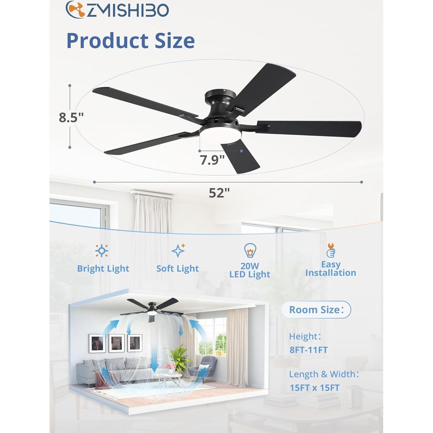 Ventilador de Techo ZMISHIBO 52" con Luz LED y Control Remoto