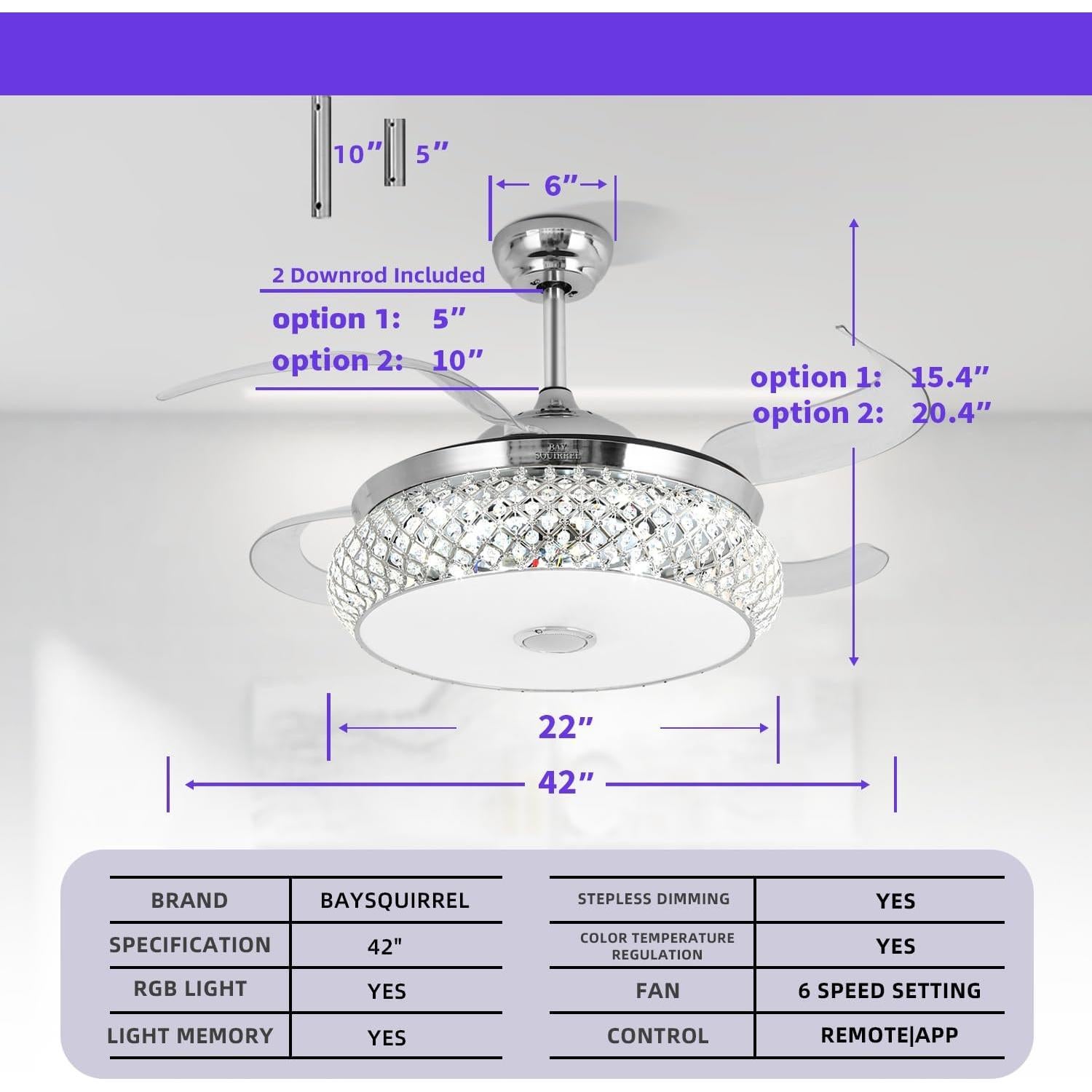 Ventilador de Techo BAYSQUIRREL 106.68 cm Bluetooth con Luz RGB