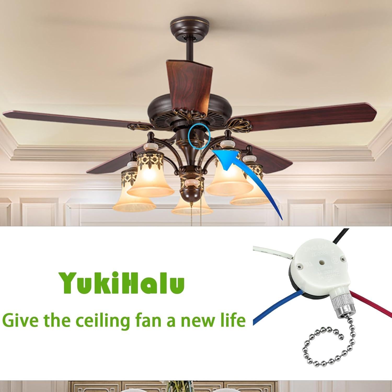 Interruptor de cadena para ventilador de techo YukiHalu ZE-208S 3 velocidades