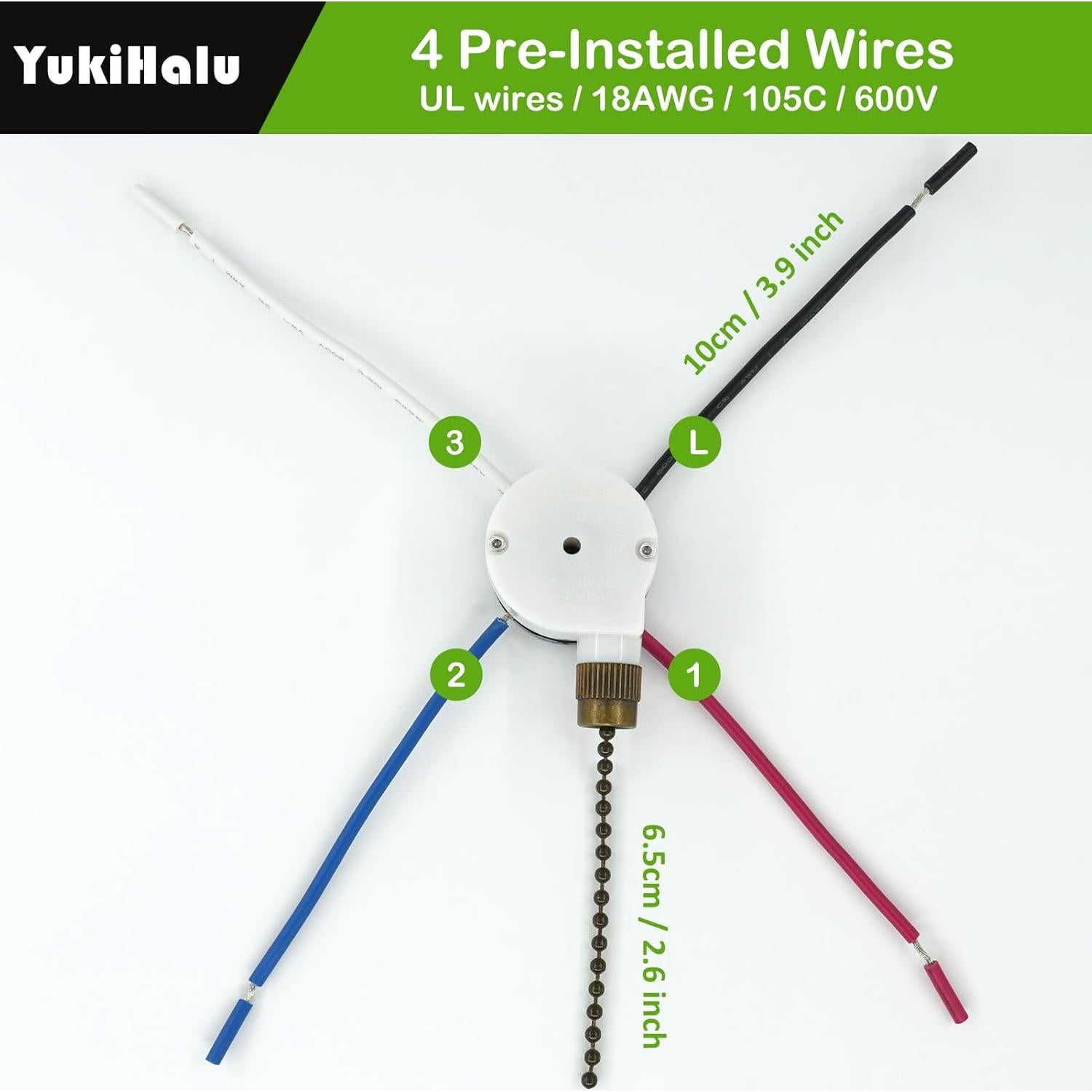 Interruptor de cadena para ventilador de techo YukiHalu ZE-208S 3 velocidades