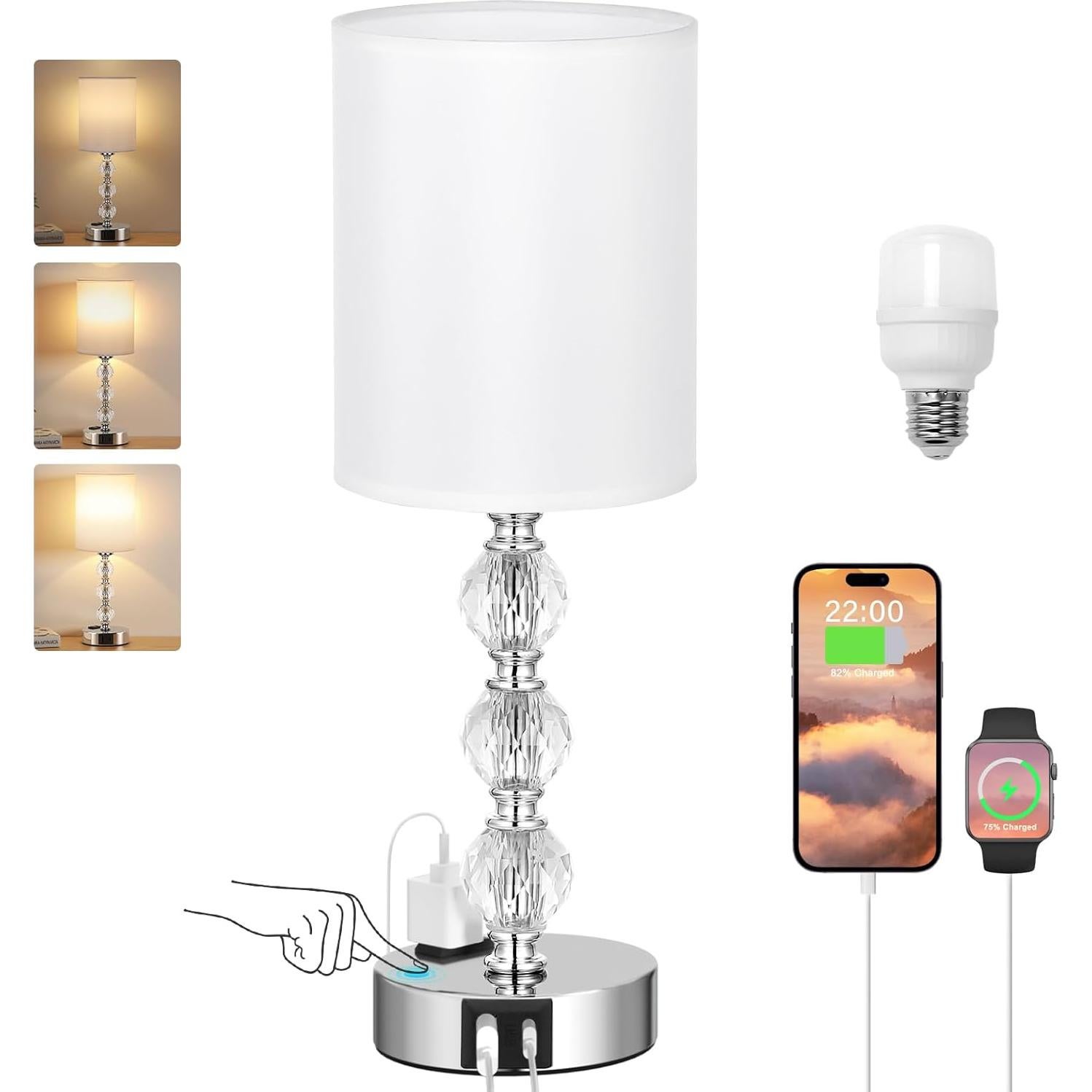 Lámpara de mesa táctil Acaxin 37.1cm con USB y 3 brillos