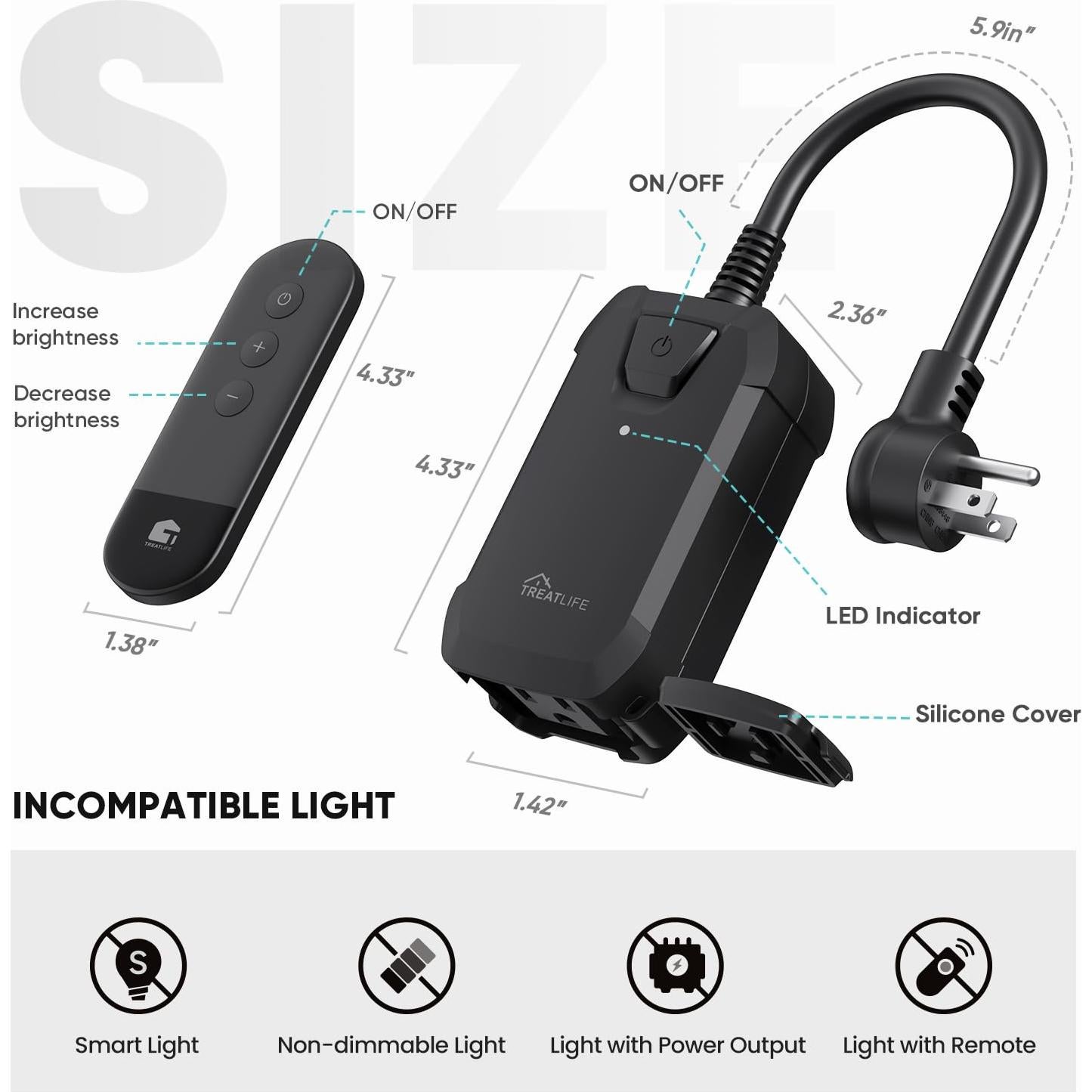 Enchufe Regulador Inalámbrico TREATLIFE IP44 400W Control Remoto