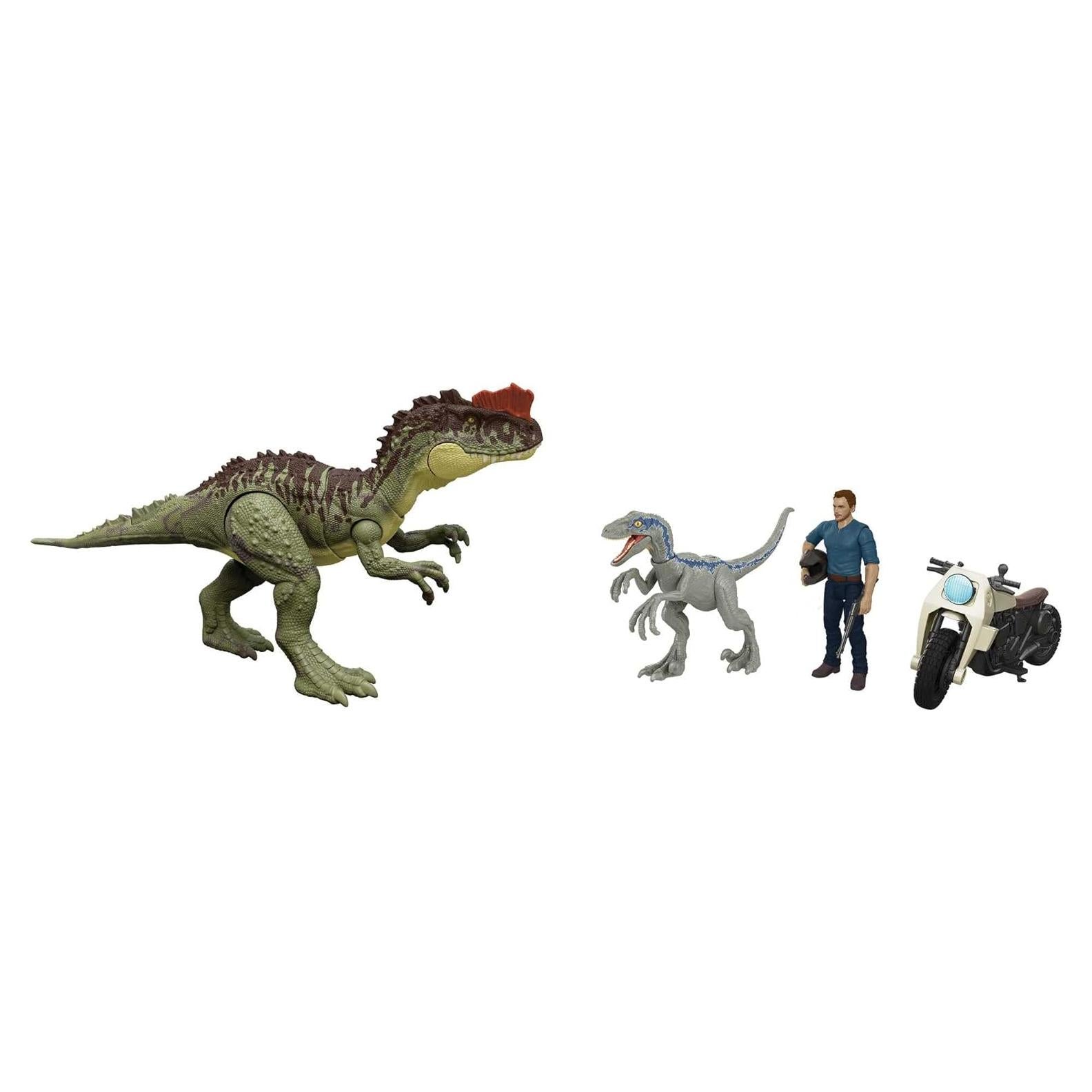 Jurassic World Dominion 3 Pack Figures & Dinosaurs, Owen Grady Motorcycle Yangchuanosaurus & Blue, Helmet & Tranquilizer, Ages 4 Years & Up