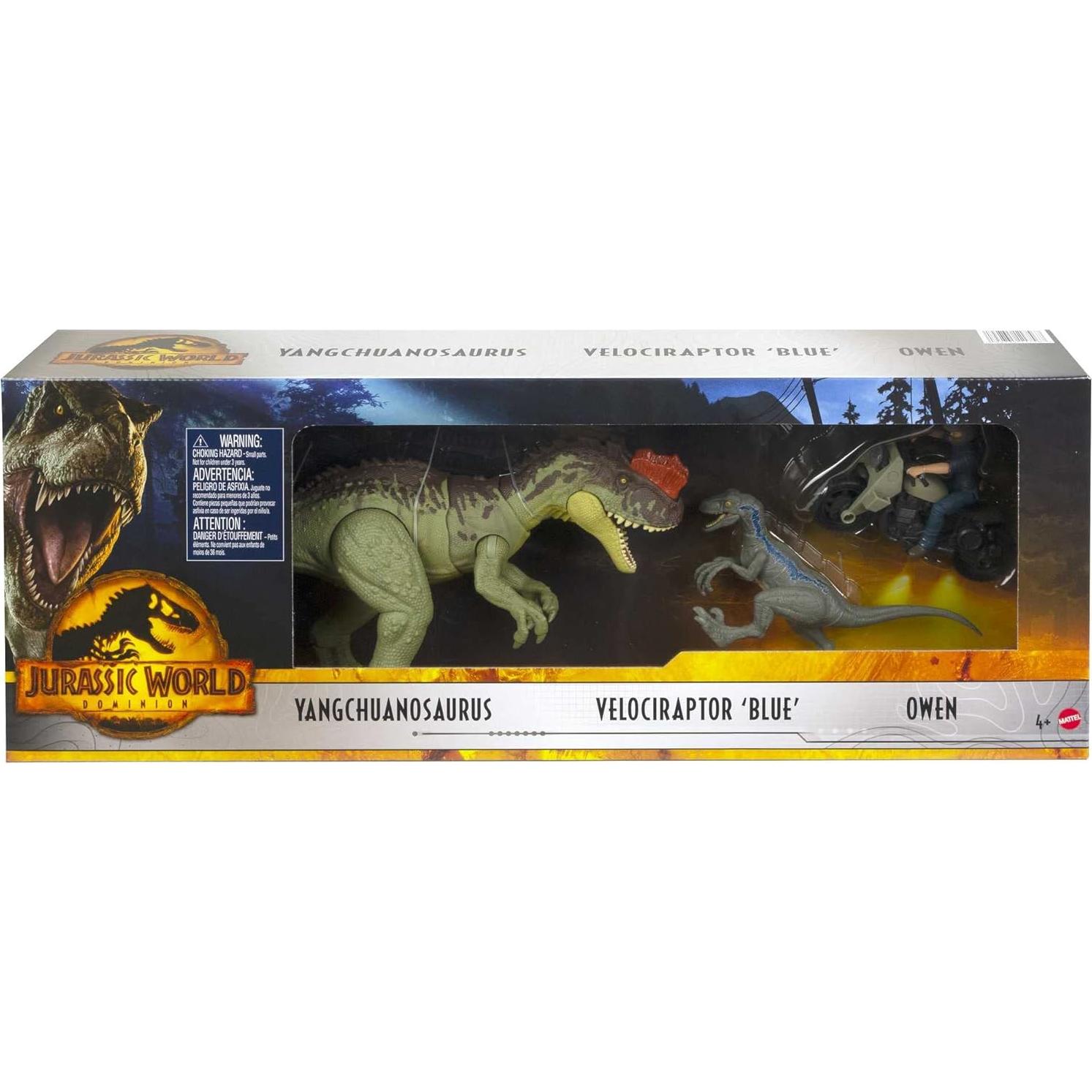 Jurassic World Dominion 3 Pack Figures & Dinosaurs, Owen Grady Motorcycle Yangchuanosaurus & Blue, Helmet & Tranquilizer, Ages 4 Years & Up