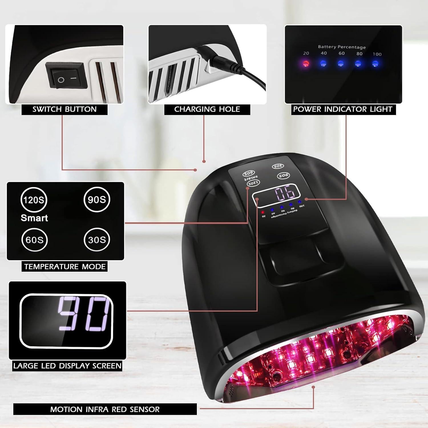 Lámpara de Uñas UV LED Linssy 90W Recargable Inalámbrica