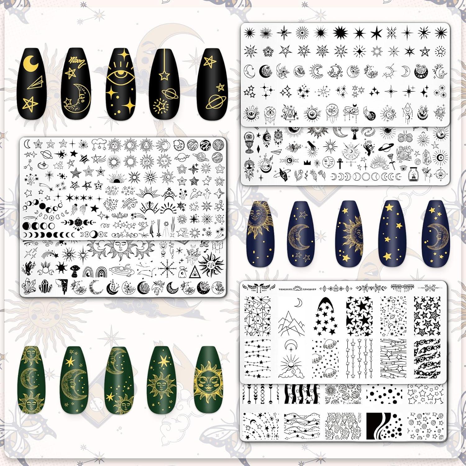 Set de 6 Placas de Estampado de Uñas Whaline - Sol, Luna, Estrella