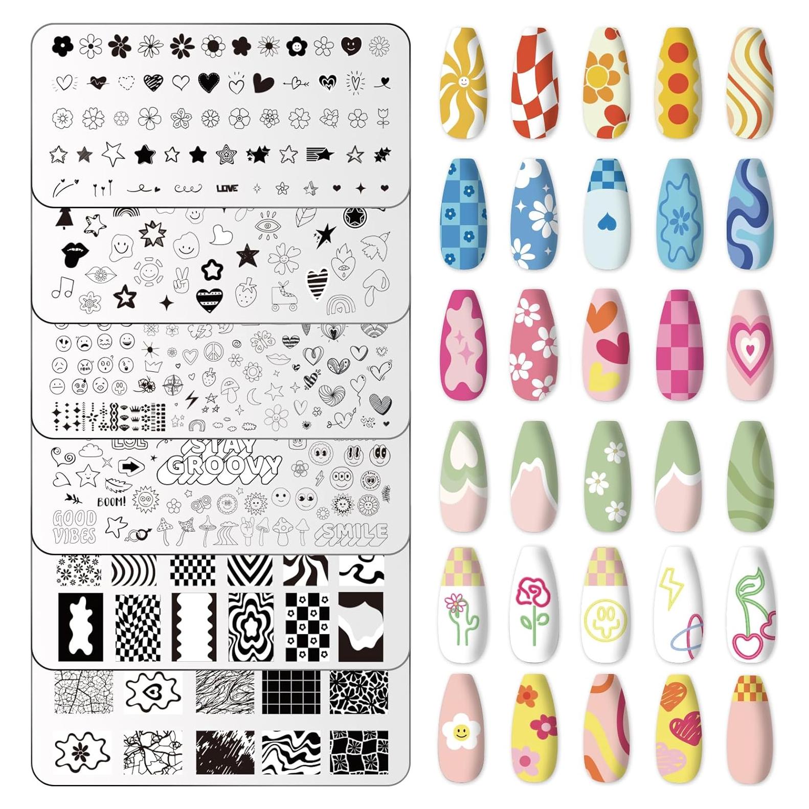 Placas de Uñas Whaline 6 Pcs Estampado Preppy Flores Corazones