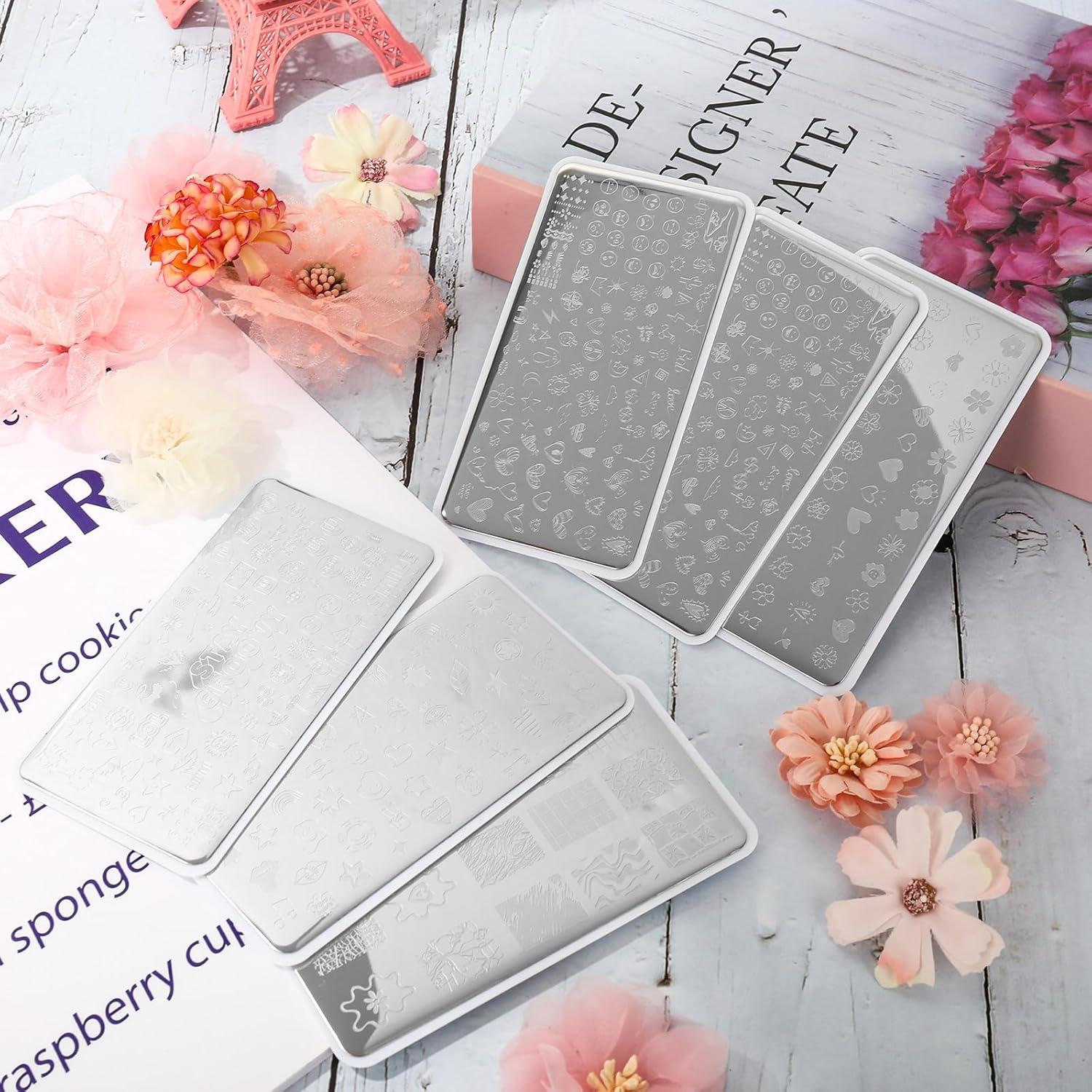 Placas de Uñas Whaline 6 Pcs Estampado Preppy Flores Corazones