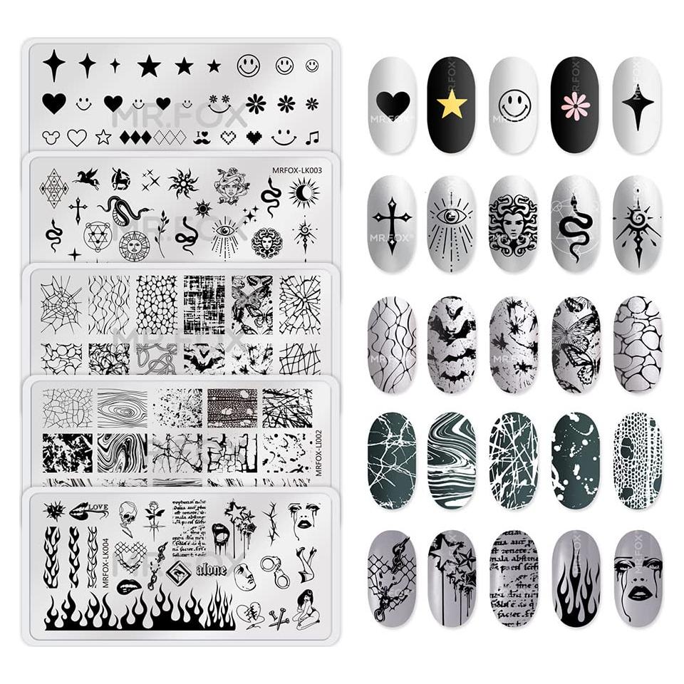 Set de 5 Placas de Estampado de Uñas MR.FOX Punk Corazón