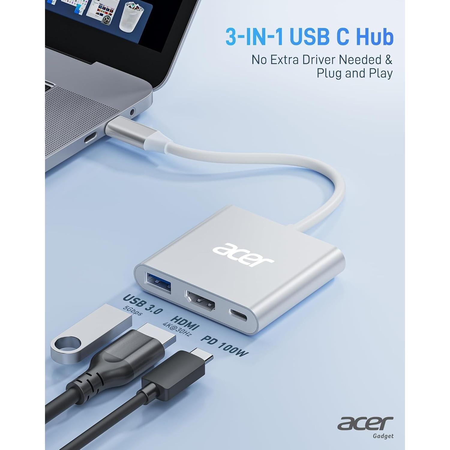 Adaptador USB C a HDMI Acer 4K 100W PD Plata