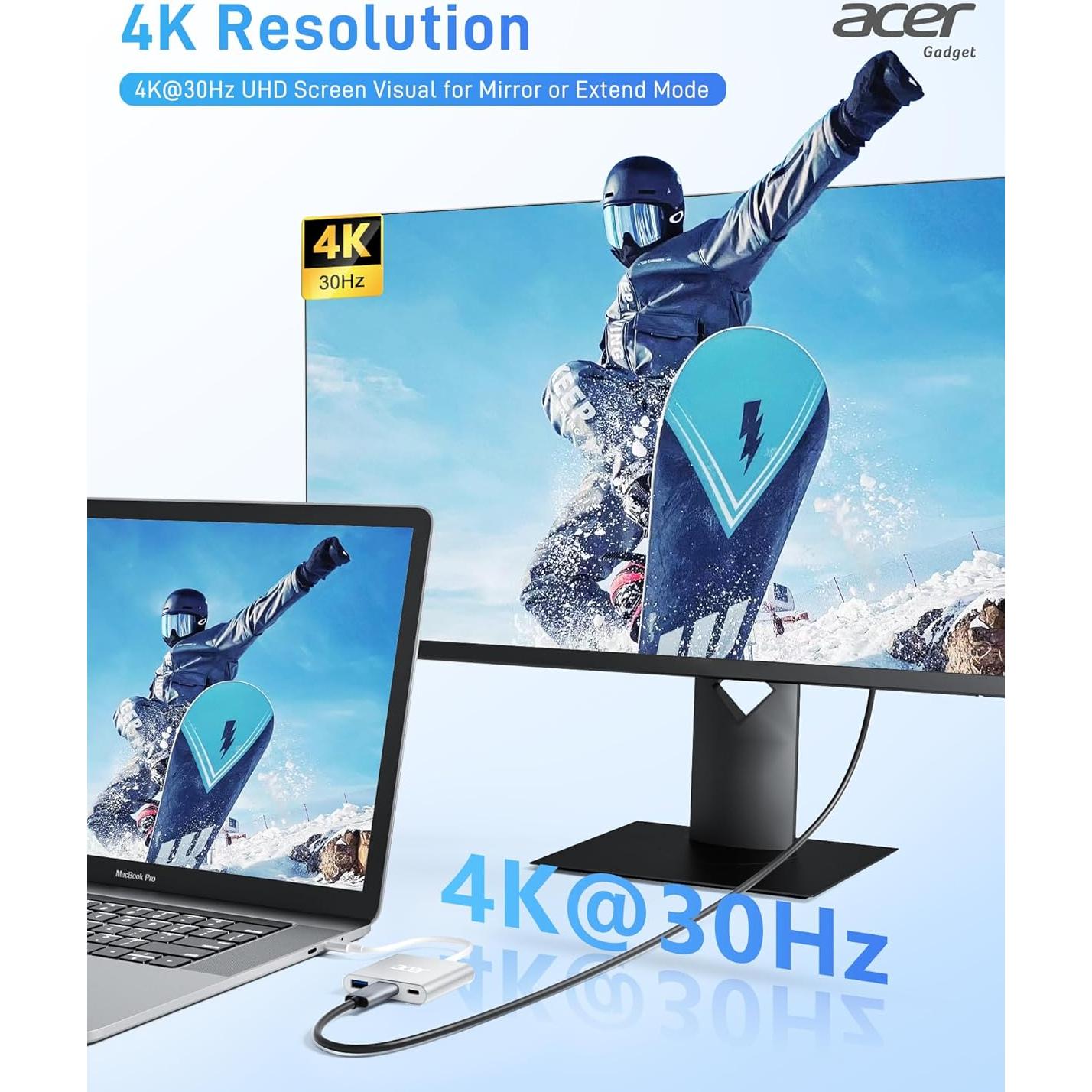 Adaptador USB C a HDMI Acer 4K 100W PD Plata