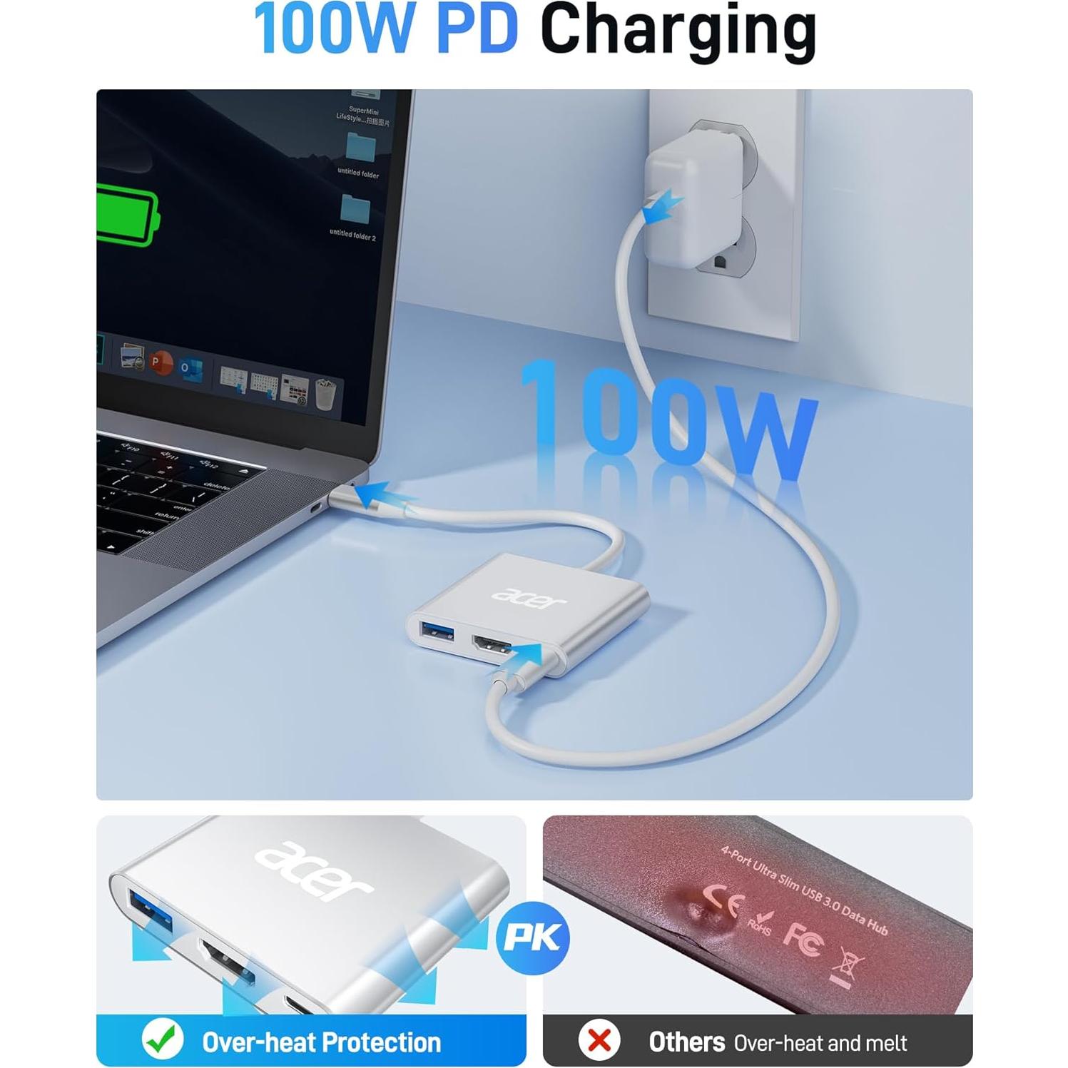 Adaptador USB C a HDMI Acer 4K 100W PD Plata