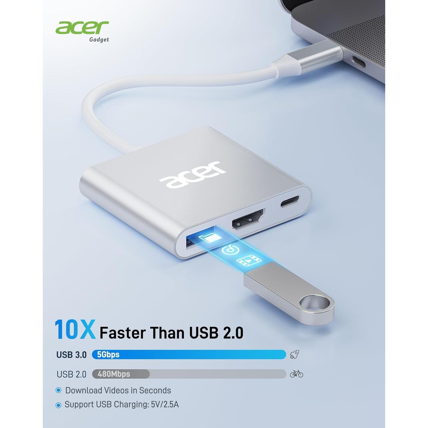 Adaptador USB C a HDMI Acer 4K 100W PD Plata
